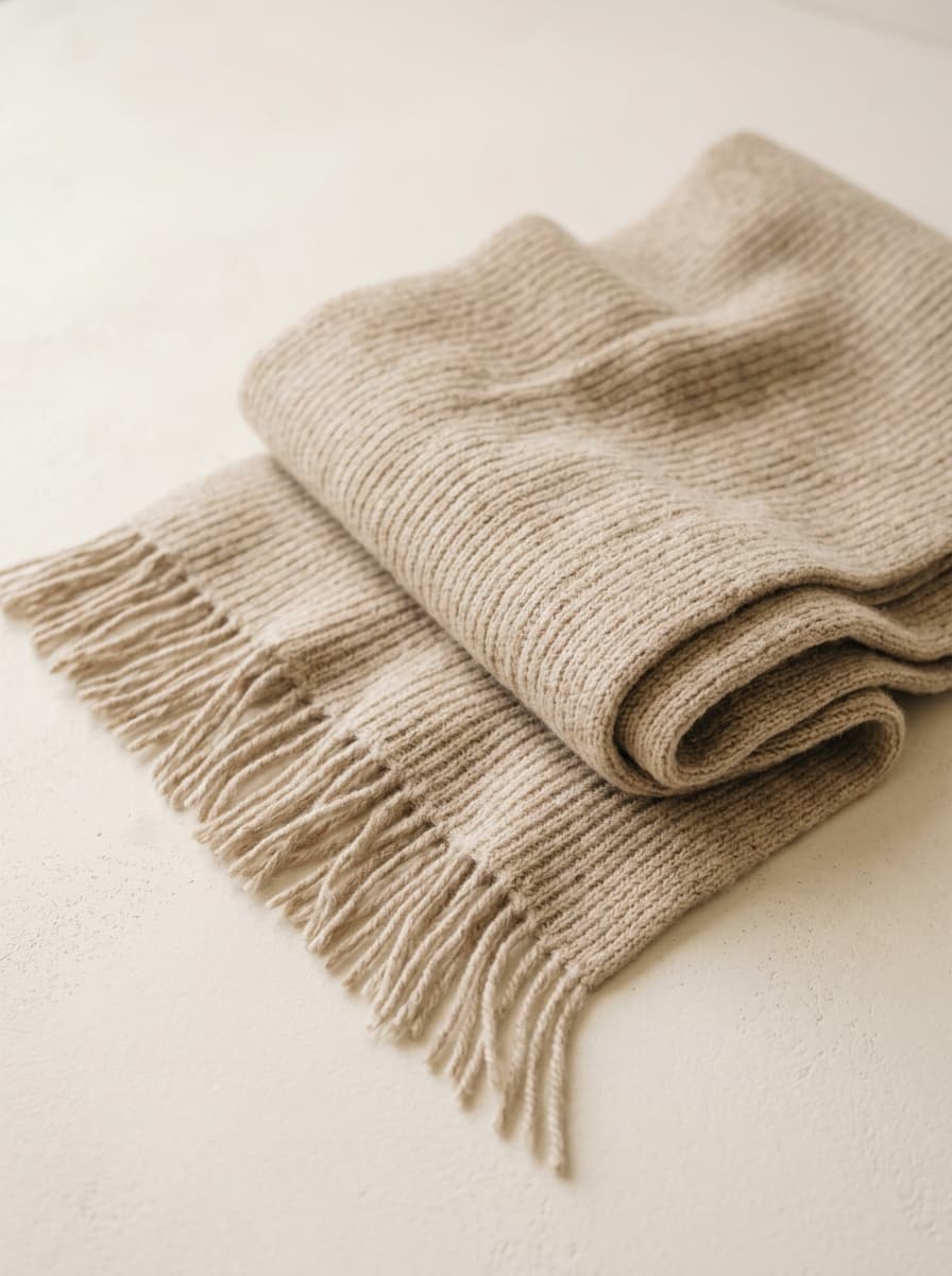 Beige Merino Scarf styled around neck in winter daylight