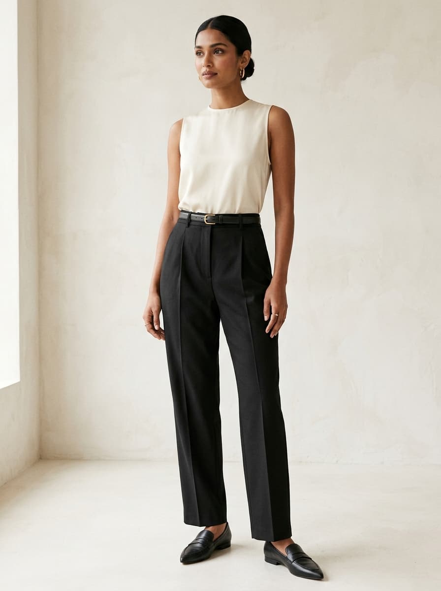 Black Tailored Trousers styled with minimalist leather mules