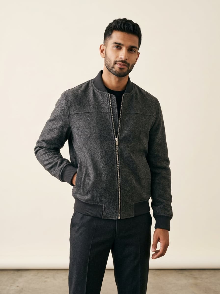 Close-up texture of brushed charcoal wool and metal zipper