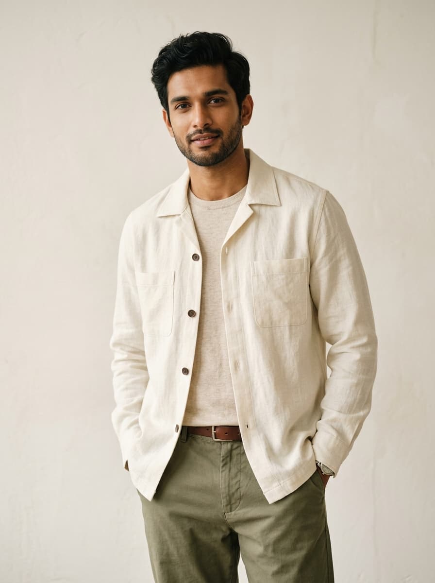 Ivory Linen Overshirt front view worn by model