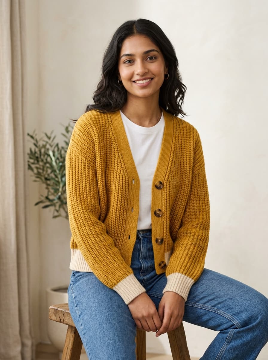 Close-up of thick mustard ribbed knit and horn button stitching