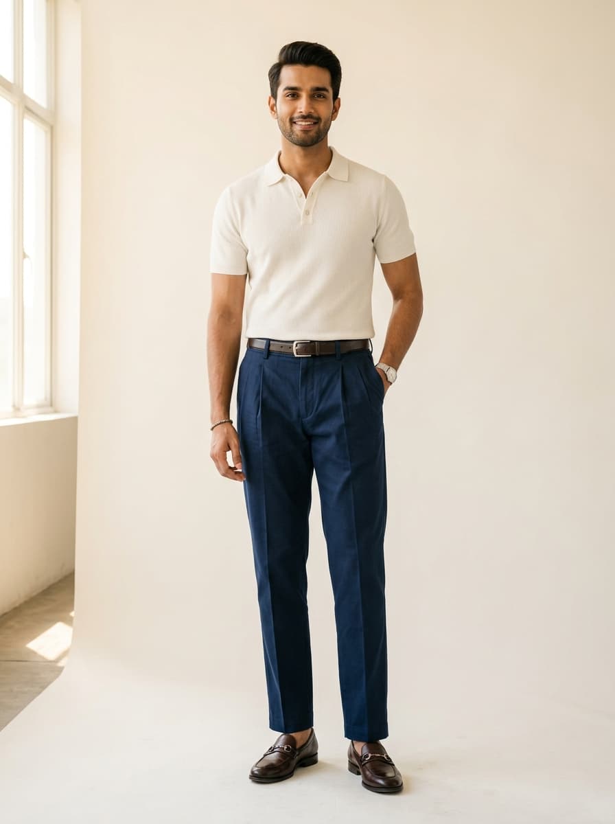 Navy Pleated Straight-Fit Chinos front view on model