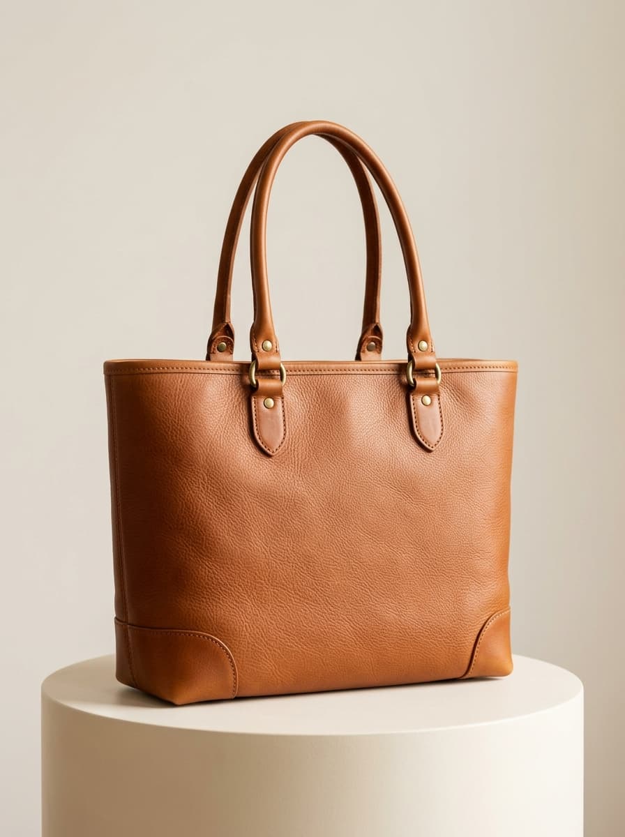 Tan Full-Grain Leather Tote Bag standing on minimal pedestal