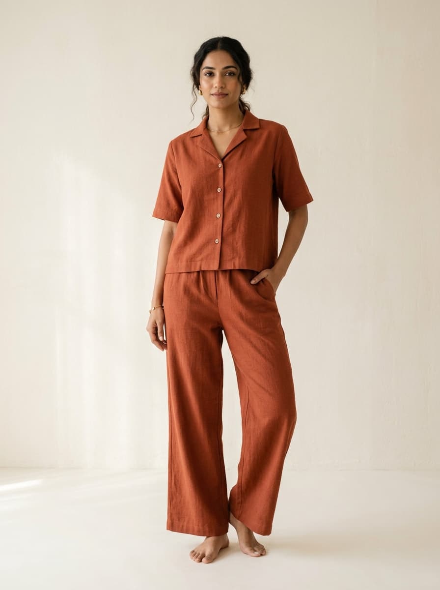 Terracotta Cotton Co-ord Set full view on model